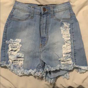 High waist light wash denim shorts